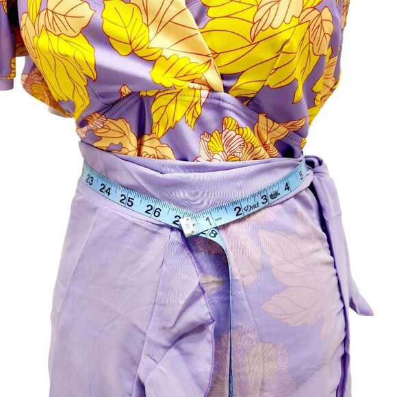 Floral One-Shoulder Ruffled Swimsuit V Neckline Yellow Lavender Womens Size XL - Picture 10 of 15